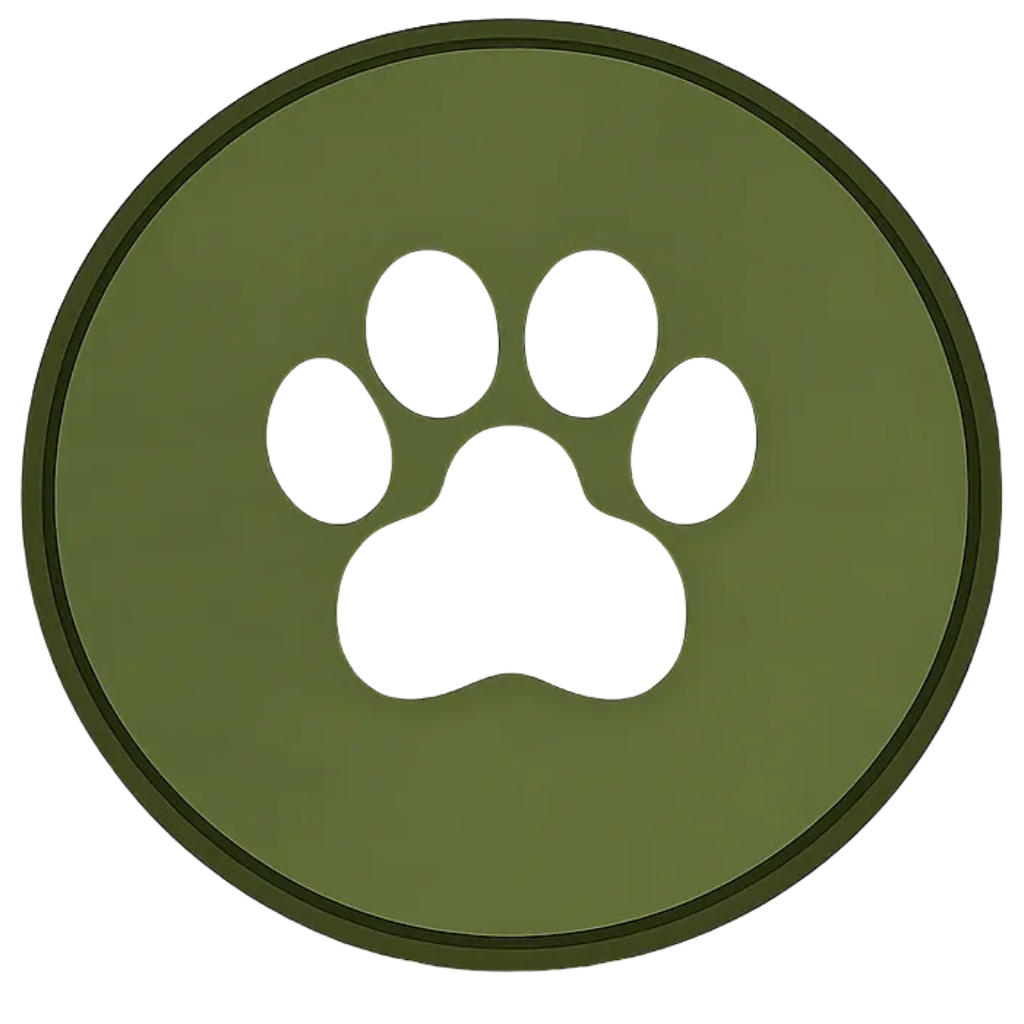 A round green emblem with a paw print cutout in the center.