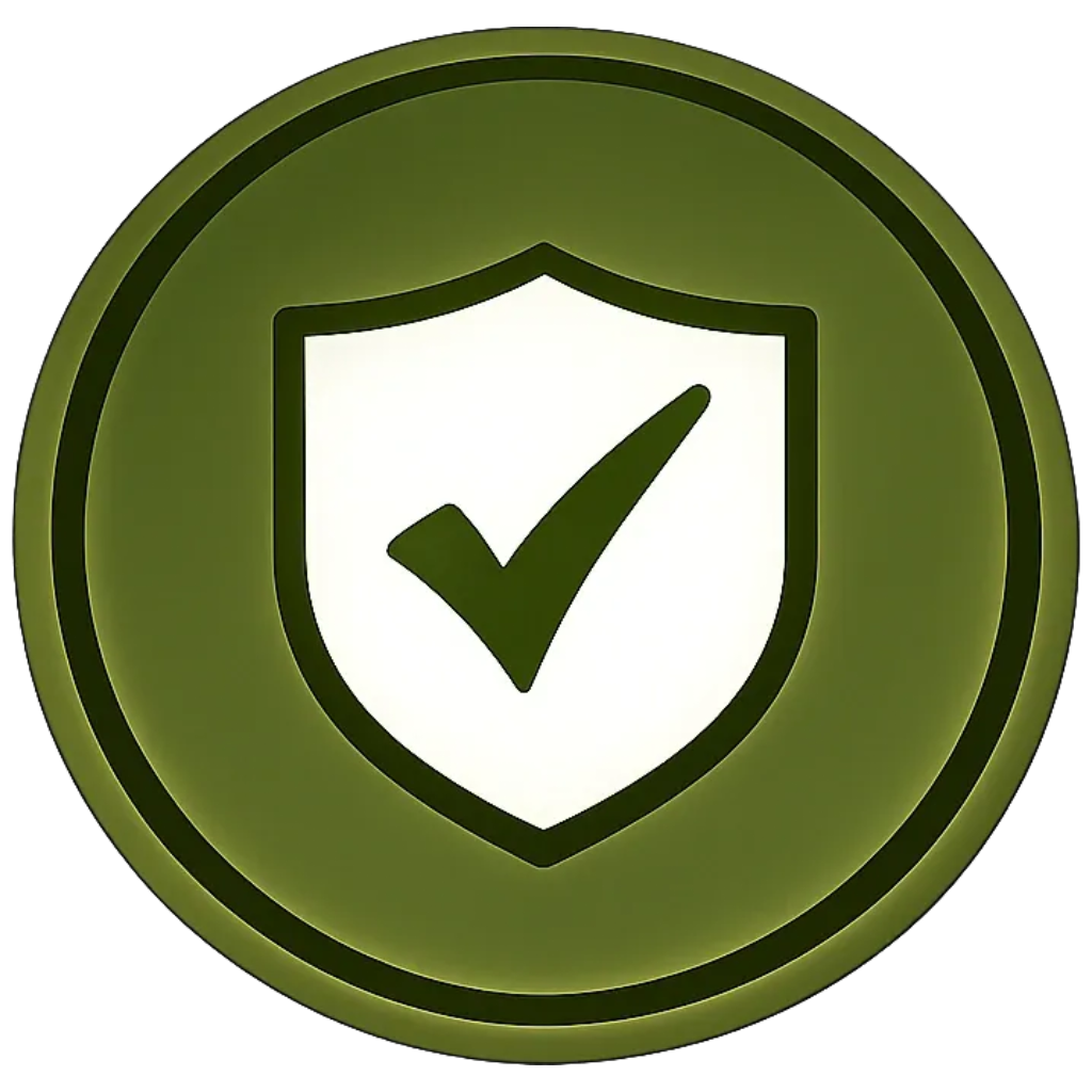 A green circular badge with a shield symbol containing a check mark in the center, indicating security or approval.