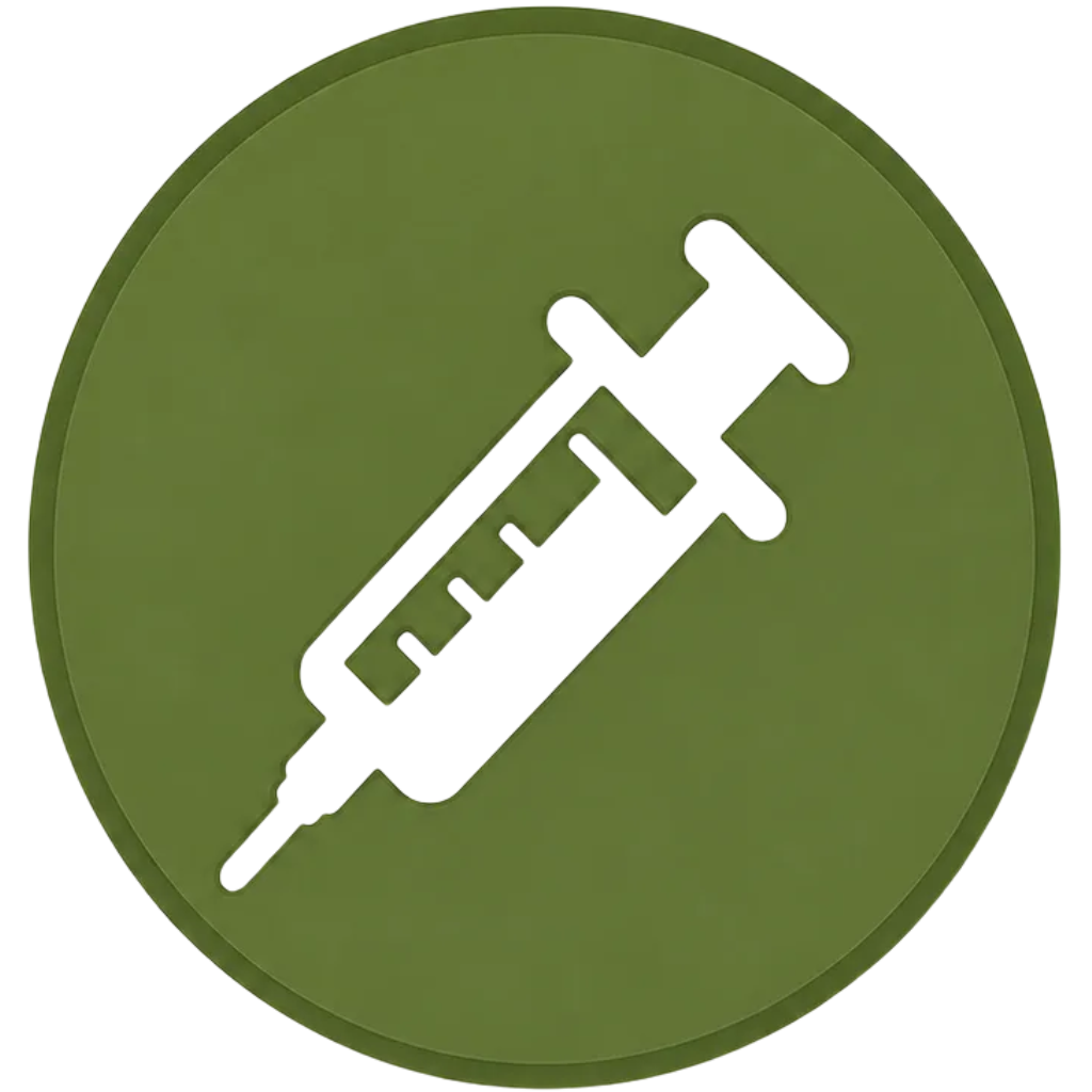 A medical syringe icon on a green circular background.
