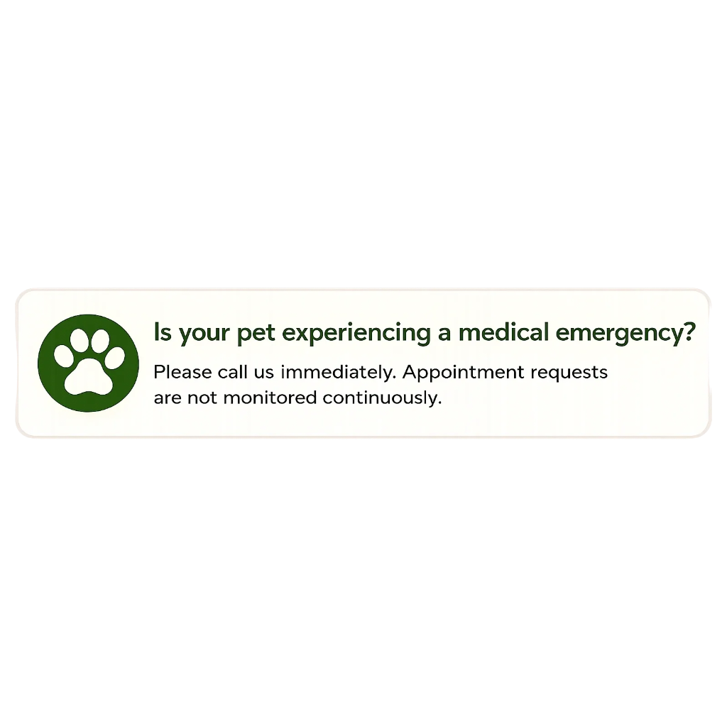 Sign asking if your pet is experiencing a medical emergency, requesting to call immediately, with a green paw print icon.