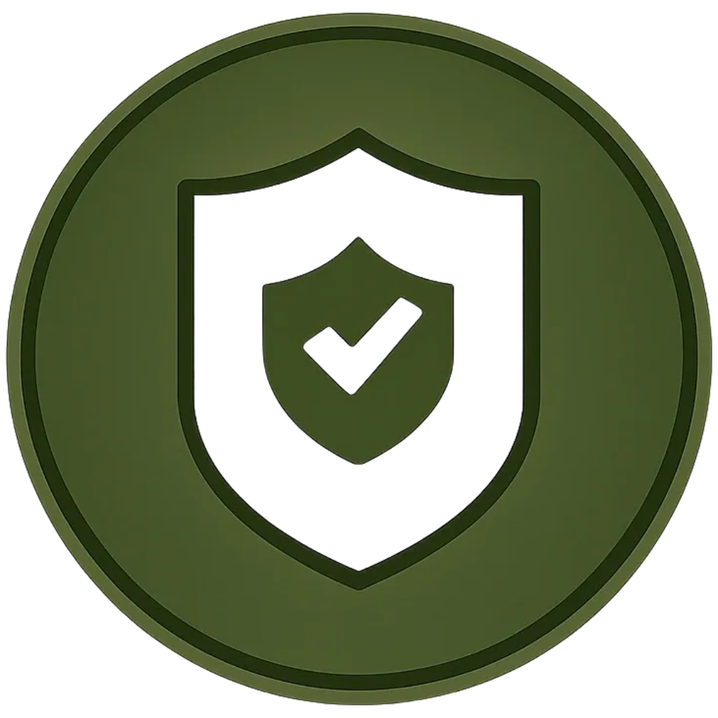 Green circular badge with a shield and checkmark symbol in the center.