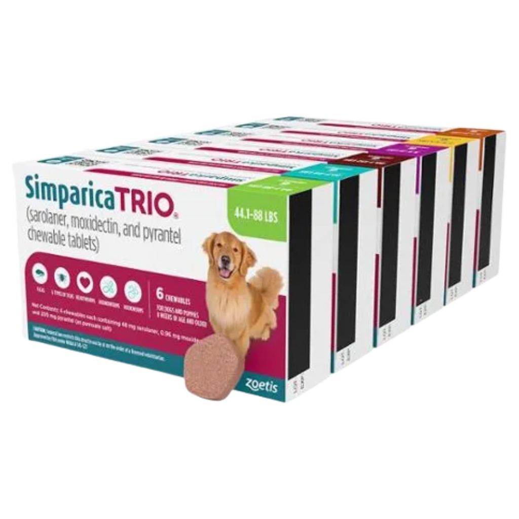 Box of Simparica TRIO chewable tablets for dogs, featuring a sitting golden retriever, with colorful packaging and weight indication of 44.1 to 88 pounds, from Zoetis.