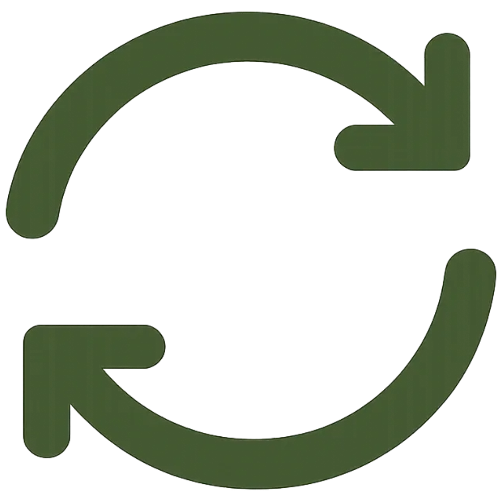 A dark green circular recycle symbol with two arrows forming a circle.
