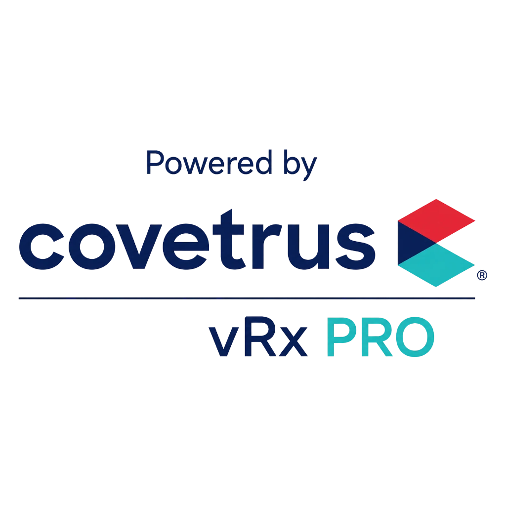 Logo of Covetrus, featuring a 3D cube in red, dark blue, and light blue, with the text 'Powered by Covetrus' and 'VRx PRO'.