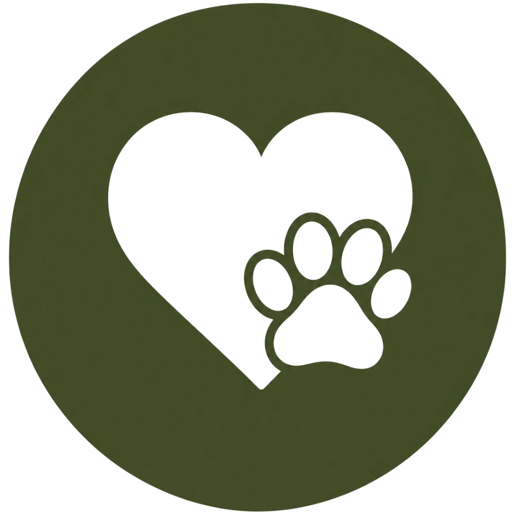 A green circular icon with a black heart and paw print inside.