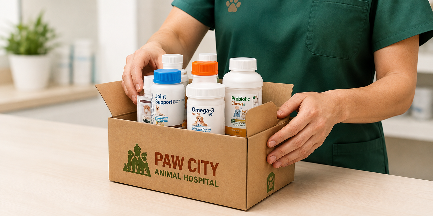 A person in green scrubs placing bottles of pet supplements into a cardboard box labeled 'Paw City Animal Hospital' on a light-colored table.
