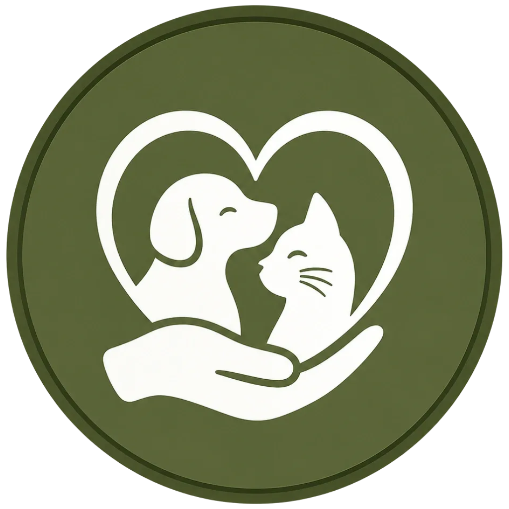 A logo with a dog and a cat inside a heart, held by a hand, on a green circular background.