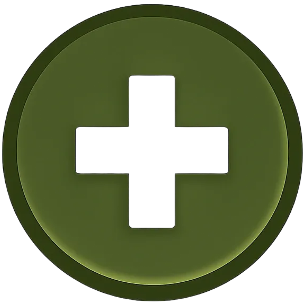 A circular, green button with a black plus sign in the center, resembling a medical or add icon.