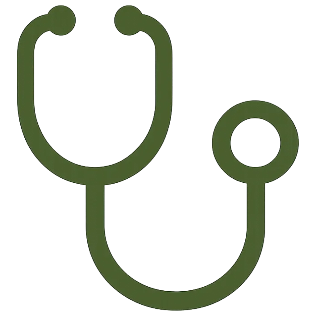 Illustration of a green stethoscope with a large chest piece and a smaller earpiece.