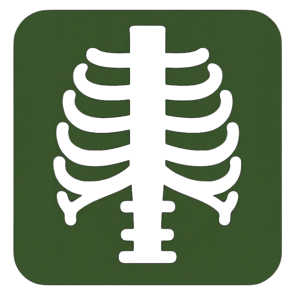 Green square sign with a black ribcage and spine design cutout.