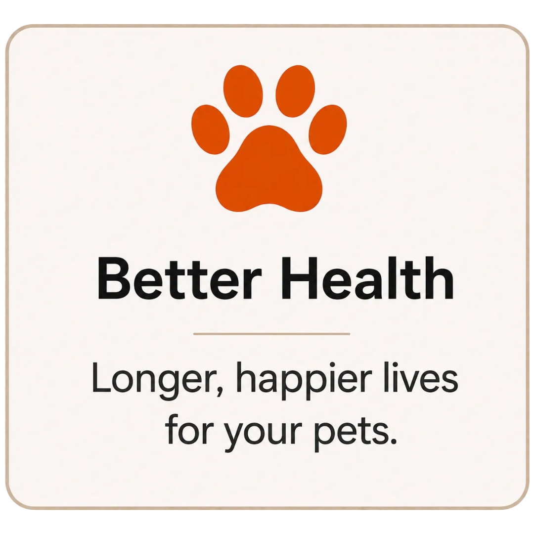 A sign featuring an orange paw print at the top, with the phrase 'Better Health' in bold black text, and the words 'Longer, happier lives for your pets' underneath.
