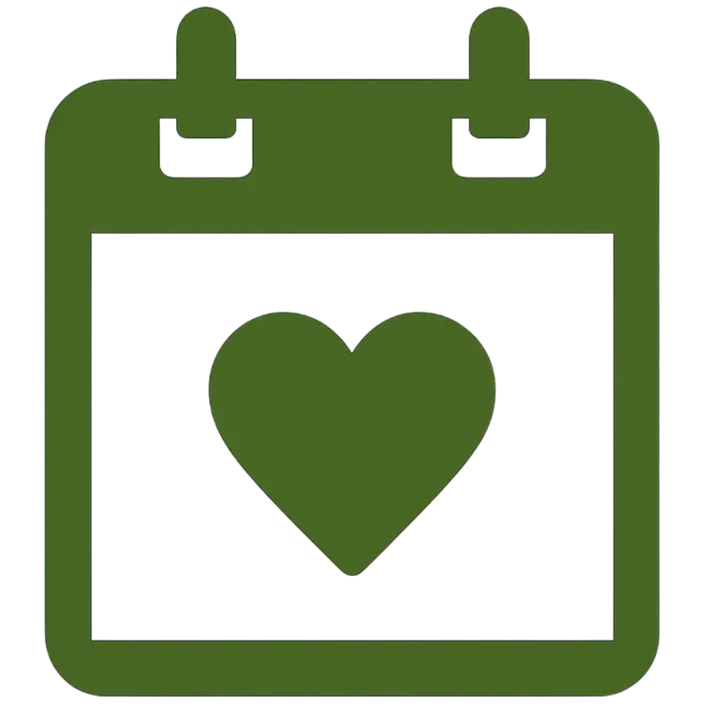 A graphic illustration of a calendar icon with a green heart inside.