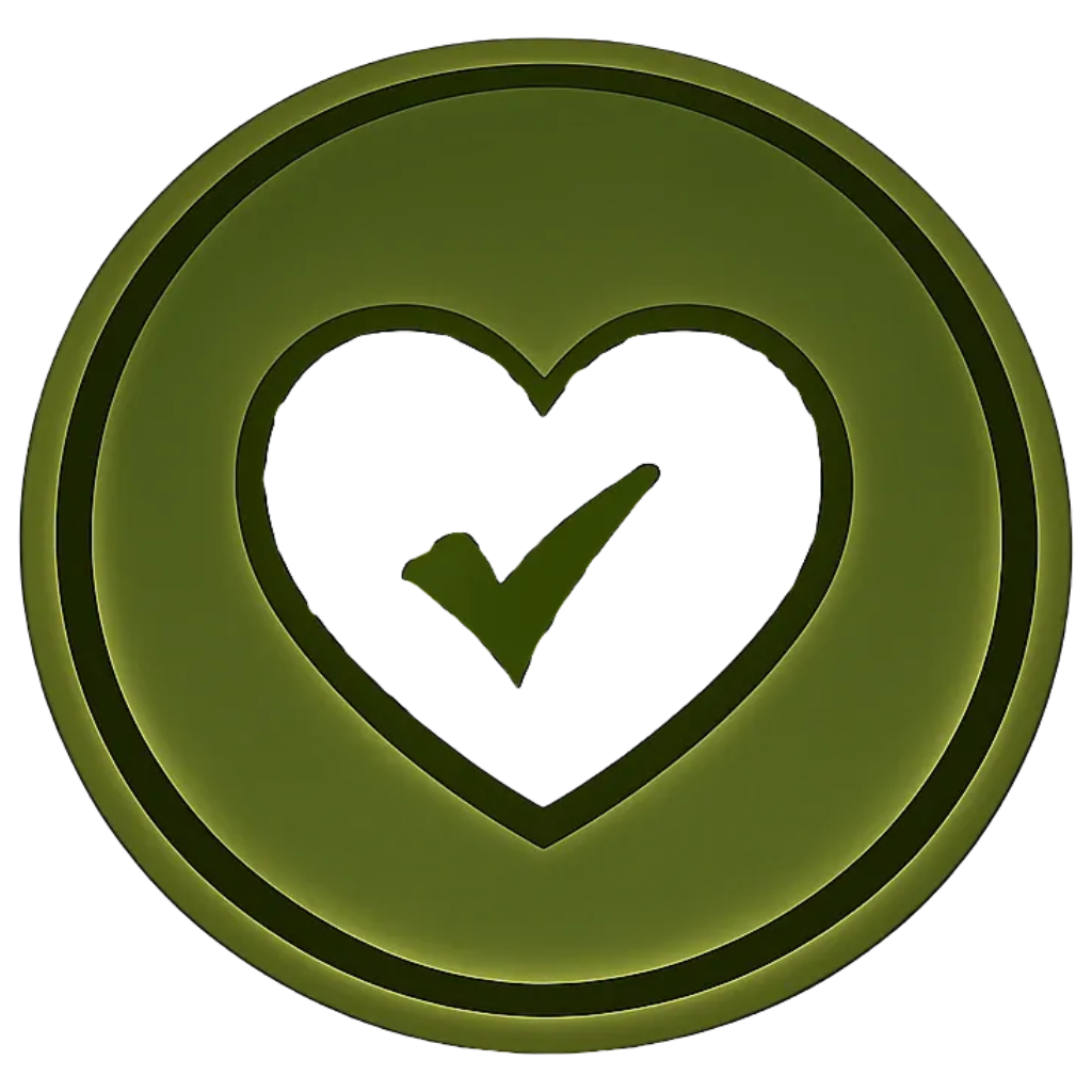 Green circular badge with a heart shape in the center and a checkmark inside the heart.