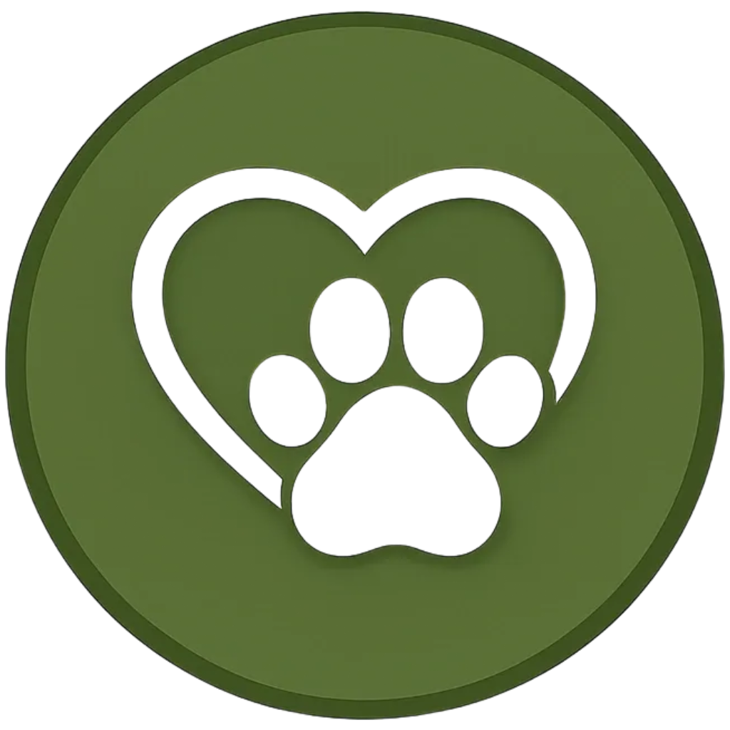 Green circular pet rescue or veterinary service logo featuring a heart outline and dog paw print inside.