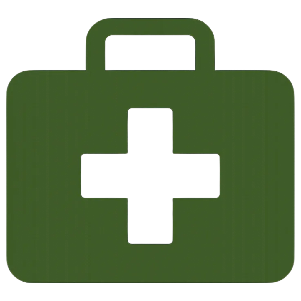 A green first aid kit with a black cross symbol in the center.