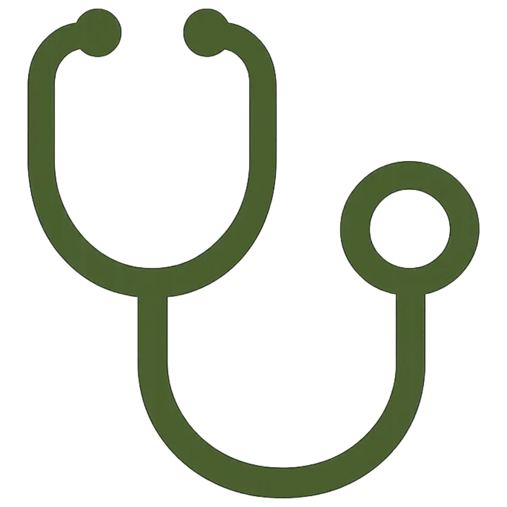A stylized stethoscope illustration with green tubing and earpieces, over a background of colorful vertical stripes.