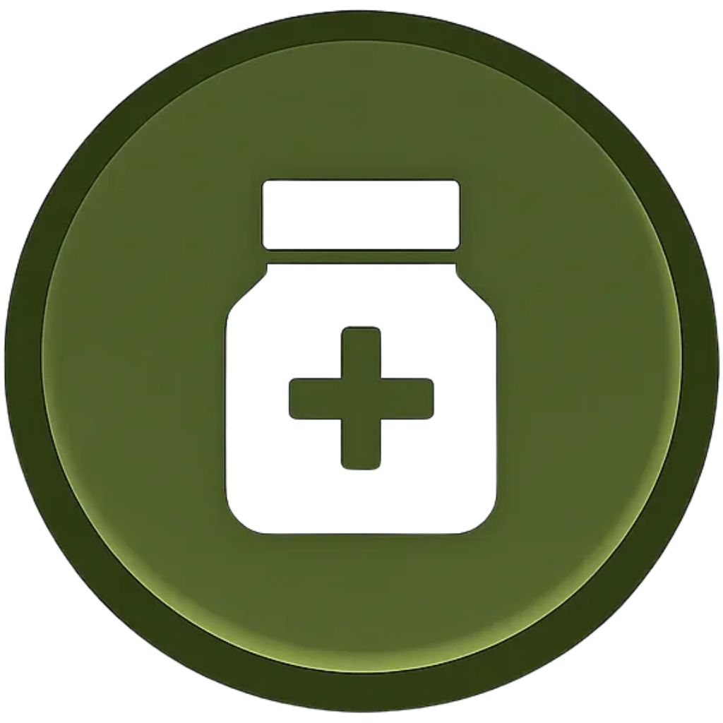 A green circular button with a medication bottle icon featuring a cross in the center.