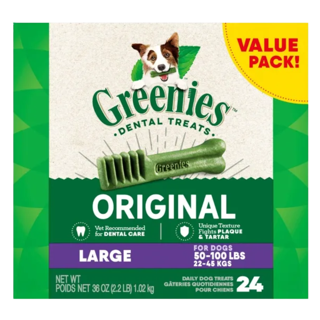 Package of Greenies Dental Treats for dogs, large size, original flavor, 24 treats, 36 oz, value pack, with a cartoon dog holding a green toothbrush in its mouth.