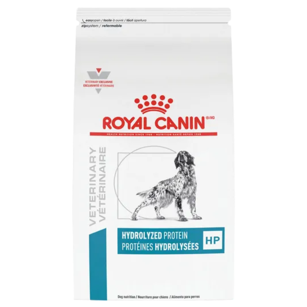 A bag of Royal Canin Veterinary Nutrition Hydrolyzed Protein dog food, featuring an illustration of a dog, the Royal Canin logo, and text indicating it is for veterinary use with hydrolyzed protein for dogs.