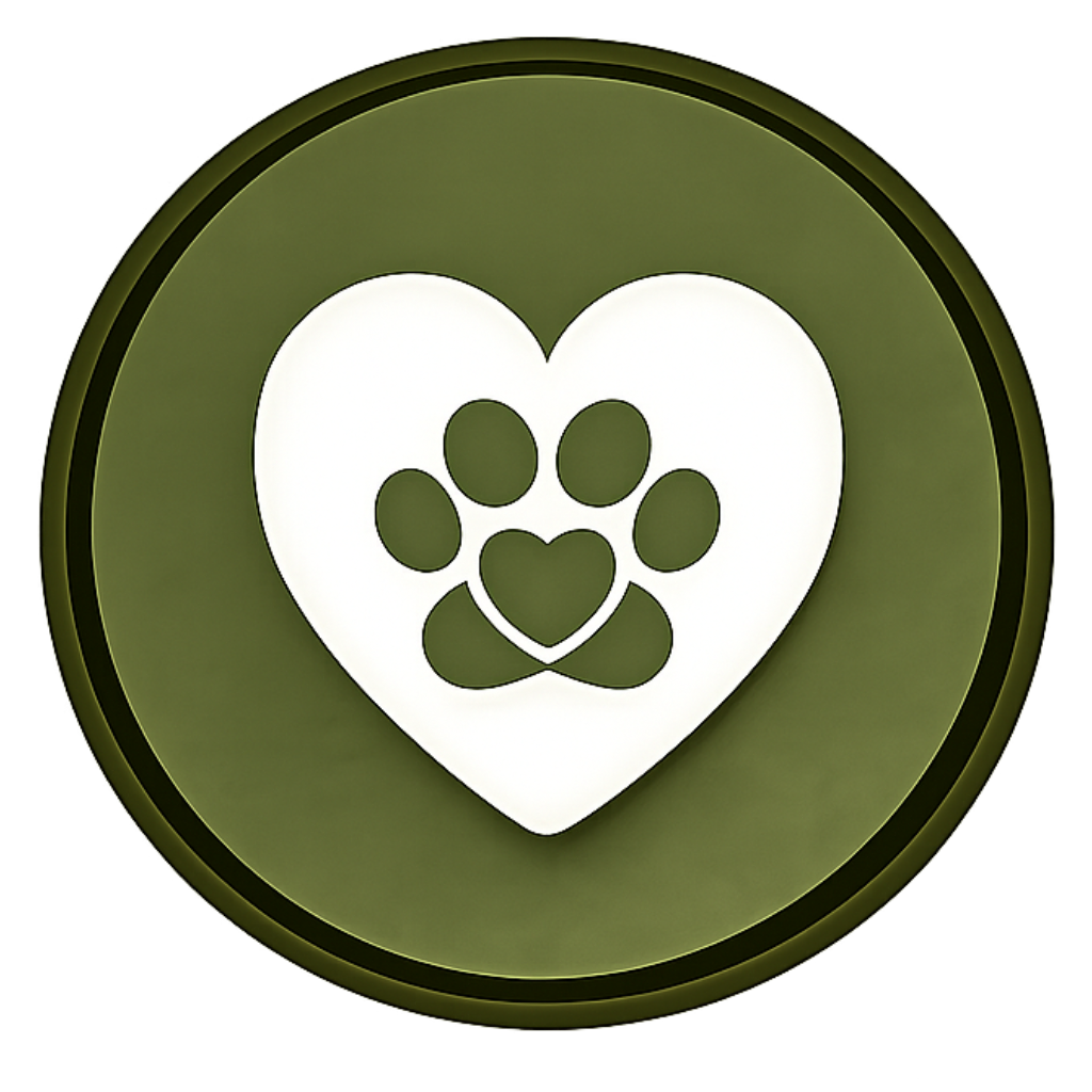 A circular sign with a green background, featuring a white heart with a paw print inside it.