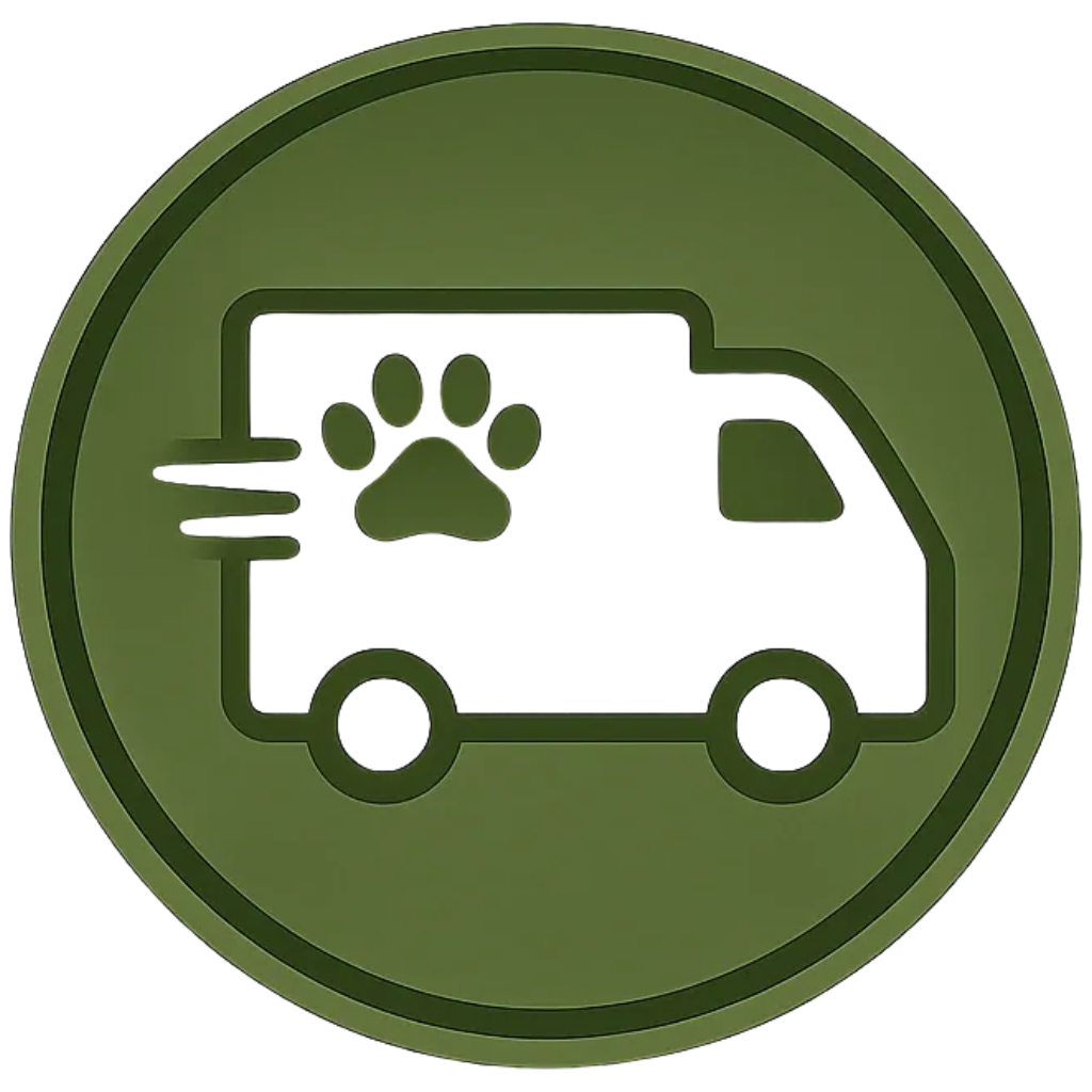Green badge with a truck icon and a paw print, indicating pet transportation or delivery services.