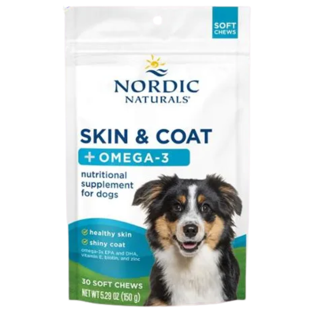 Pack of Nordic Naturals Skin & Coat soft chews for dogs with Omega-3, featuring an image of an Australian Shepherd dog on the front.