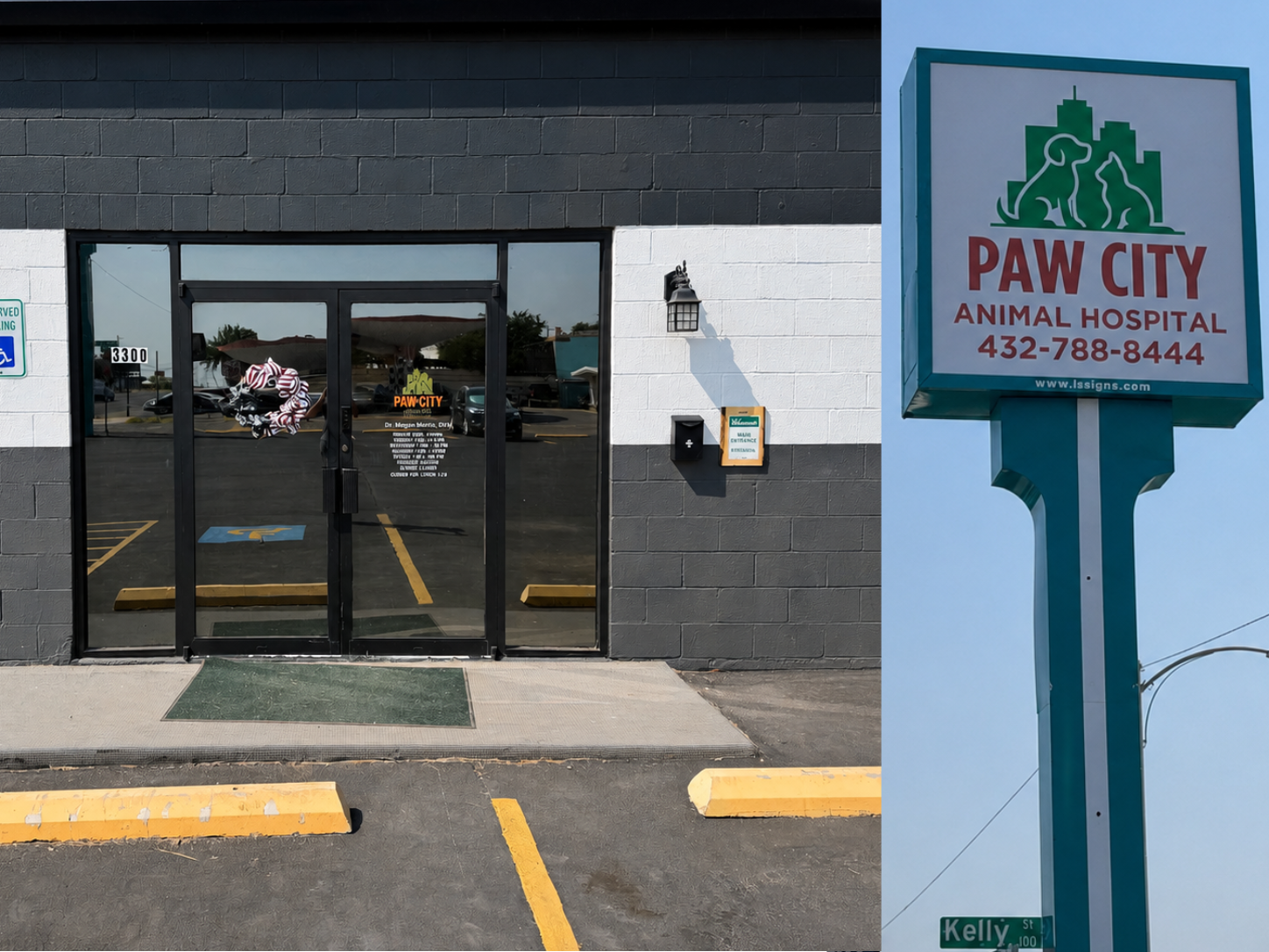 Exterior of Paw City Animal Hospital, a veterinary clinic with glass doors, parking lot, and sign on a pole displaying the clinic's name and contact information.