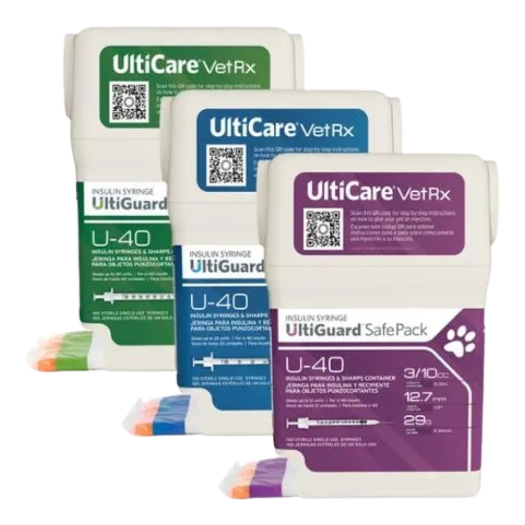 Three boxes of UtiCare VetRx insulin syringes, each in different colors: green, blue, and purple, displayed in front of each other with papercraft needles visible at the bottom.