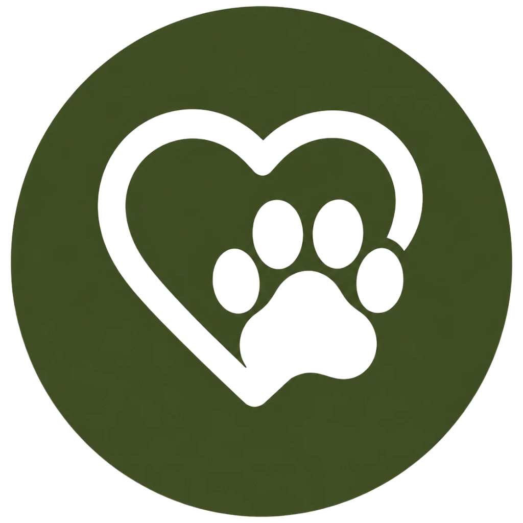Green circular logo featuring a black heart outline with a paw print inside.