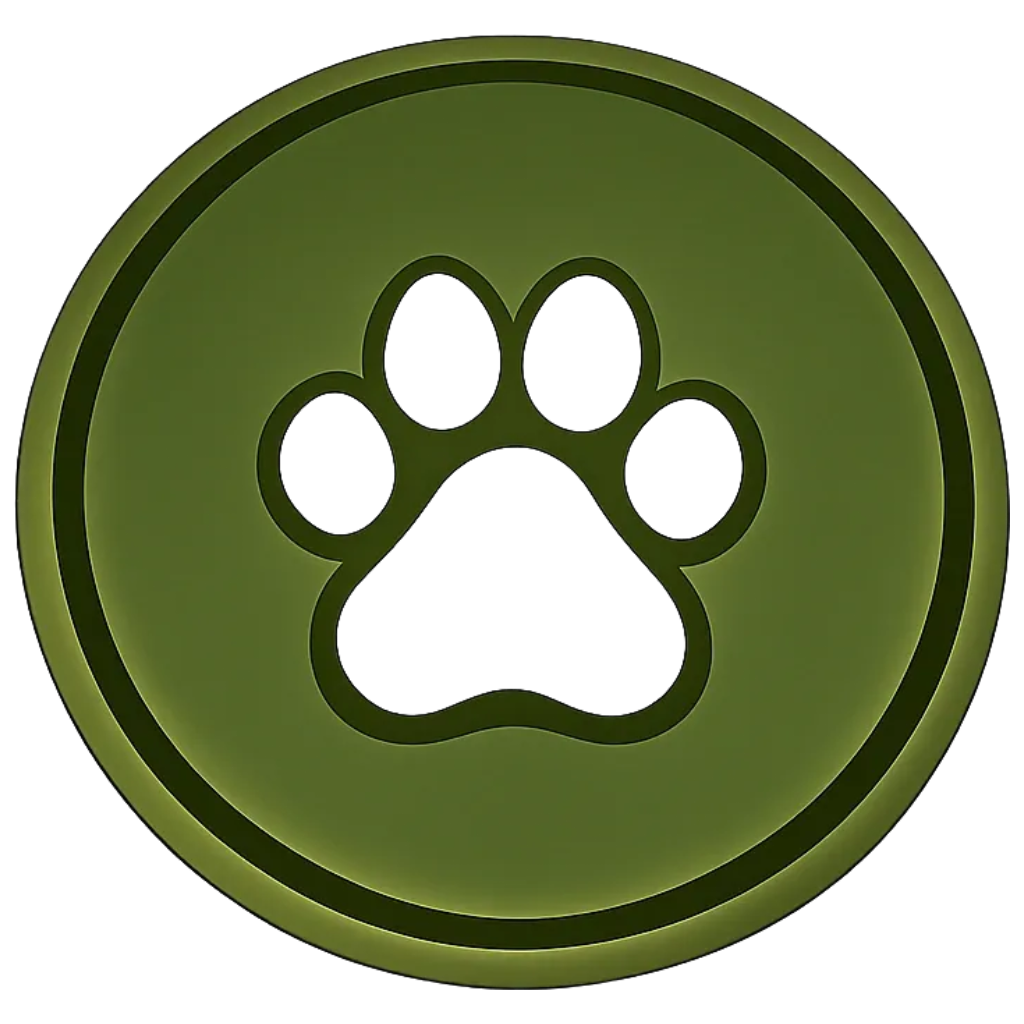 Green circular medal or token with a paw print cutout in the center.