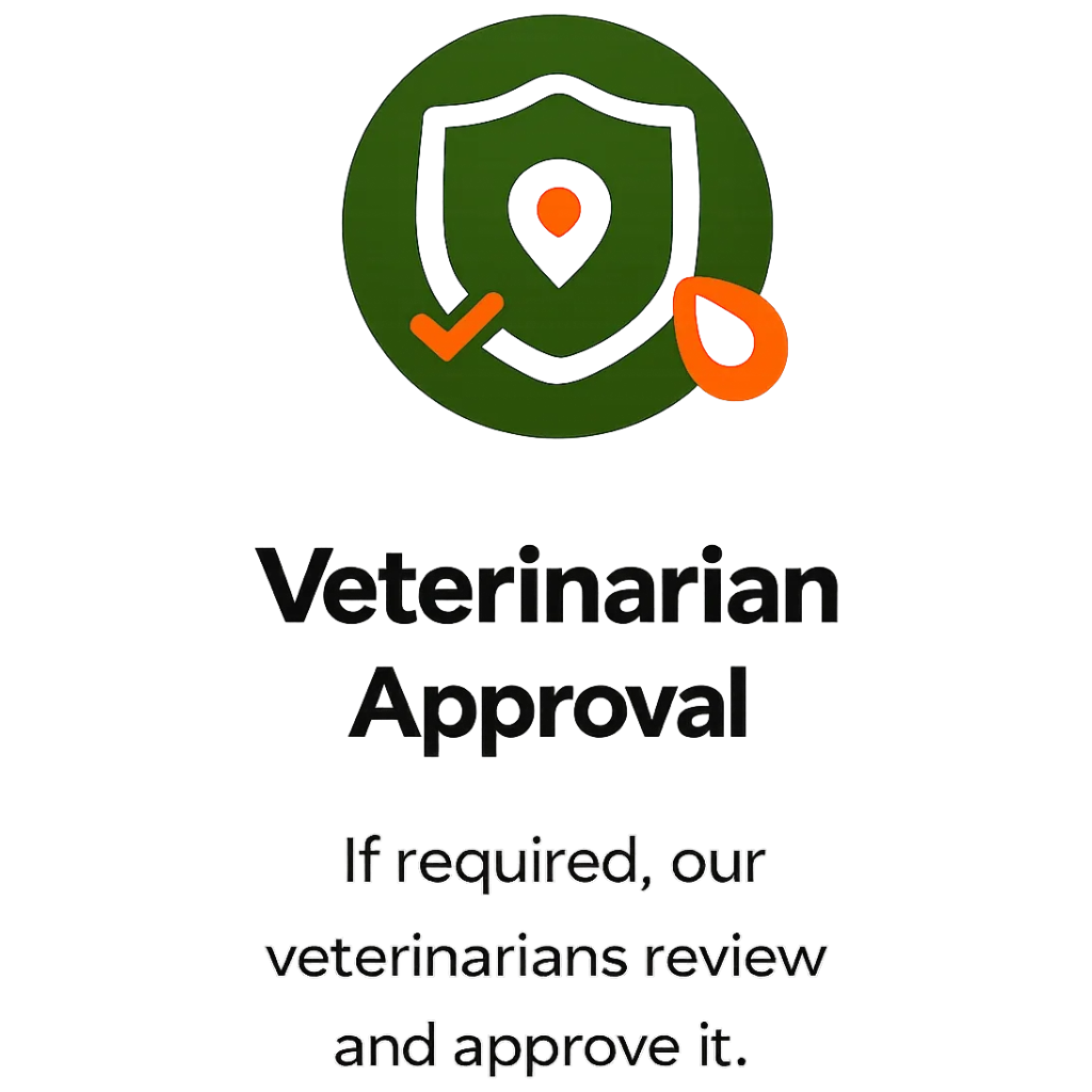 Vet with a shield icon and checkmark, indicating vet approval, with colorful lines and the text "Veterinarian Approval" and a note about veterinarian review.