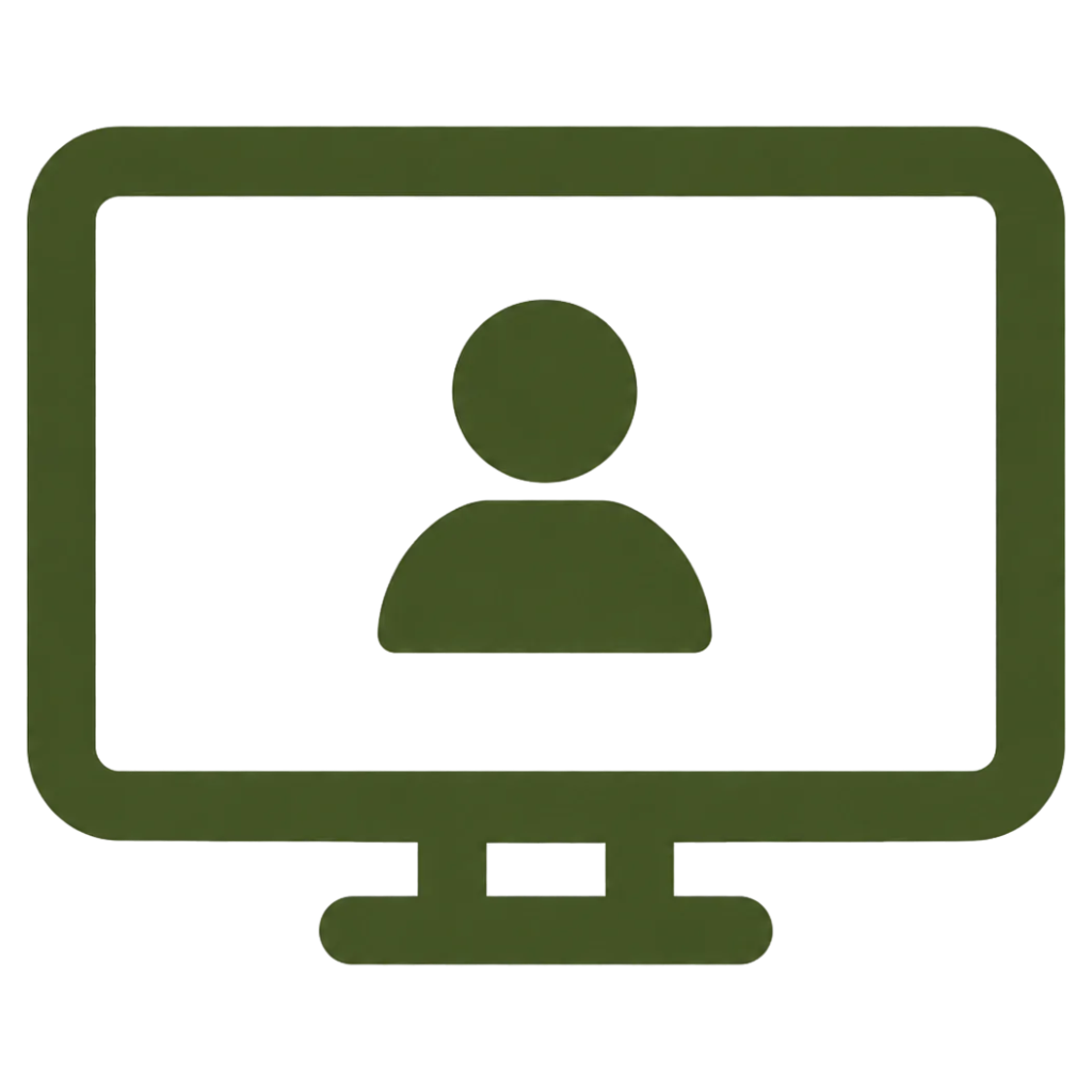 Icon of a computer monitor displaying a user profile with a person silhouette and a background of a digital interface.