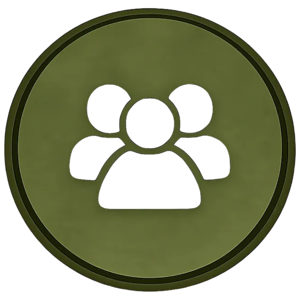 A green circular icon with a cutout of three stylized human figures representing a group.