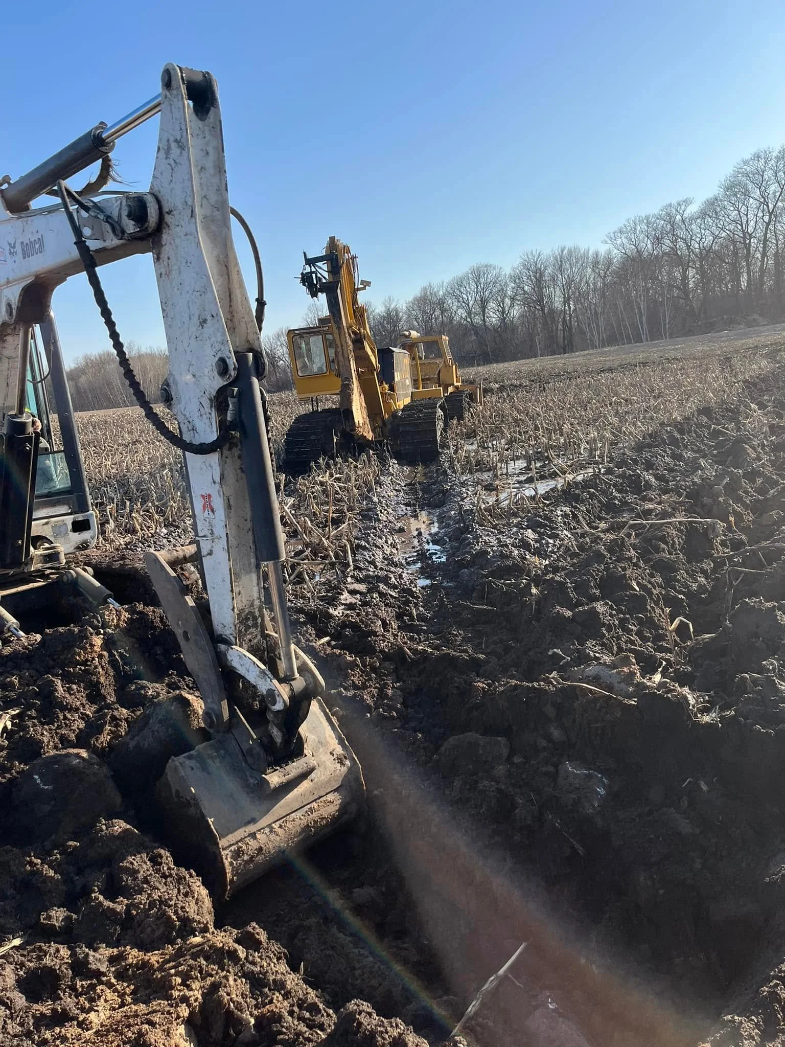 Excavators working in a field, digging in dark soil on a clear day with leafless trees in the background.