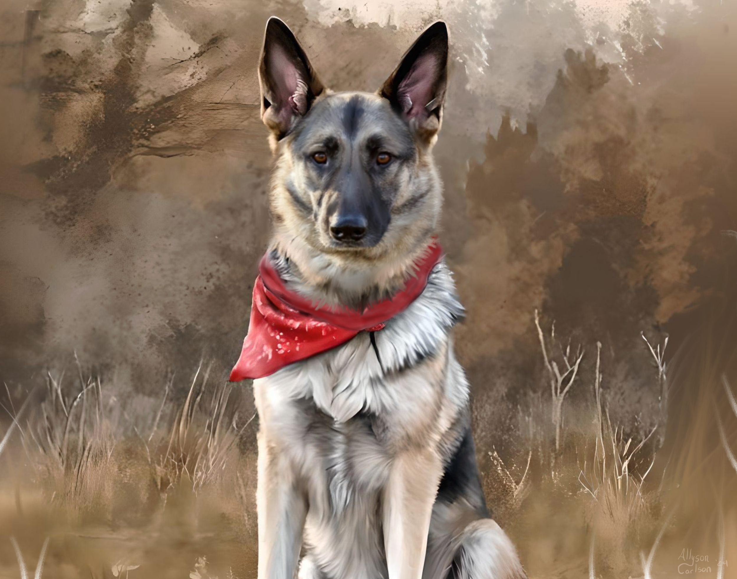 A dog with erect ears, multicolored fur, wearing a red bandana, standing outdoors on grass with a cloudy sky background.