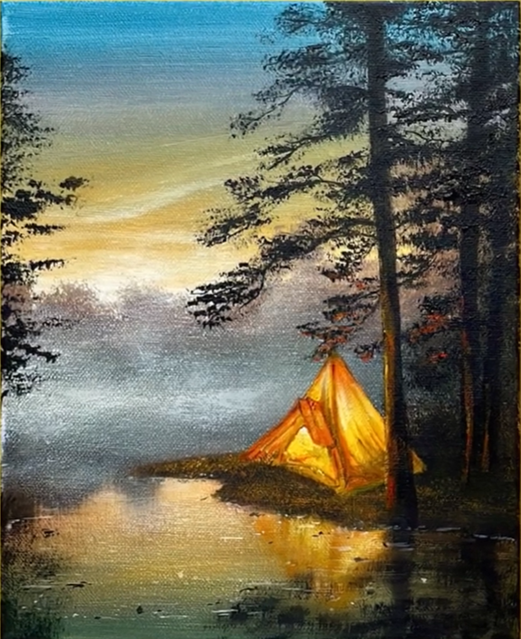 A painting of a camping scene at sunset with a yellow tent near a lake, surrounded by tall trees, with a sky blending blue, yellow, and gray colors.