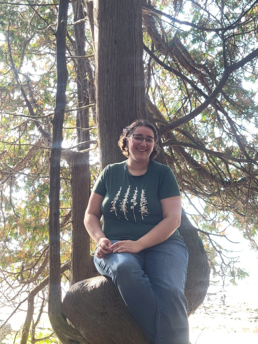 A woman with glasses and short hair, smiling, sitting on a large tree branch in a forested area during daytime, wearing a green t-shirt with tree designs and blue jeans.