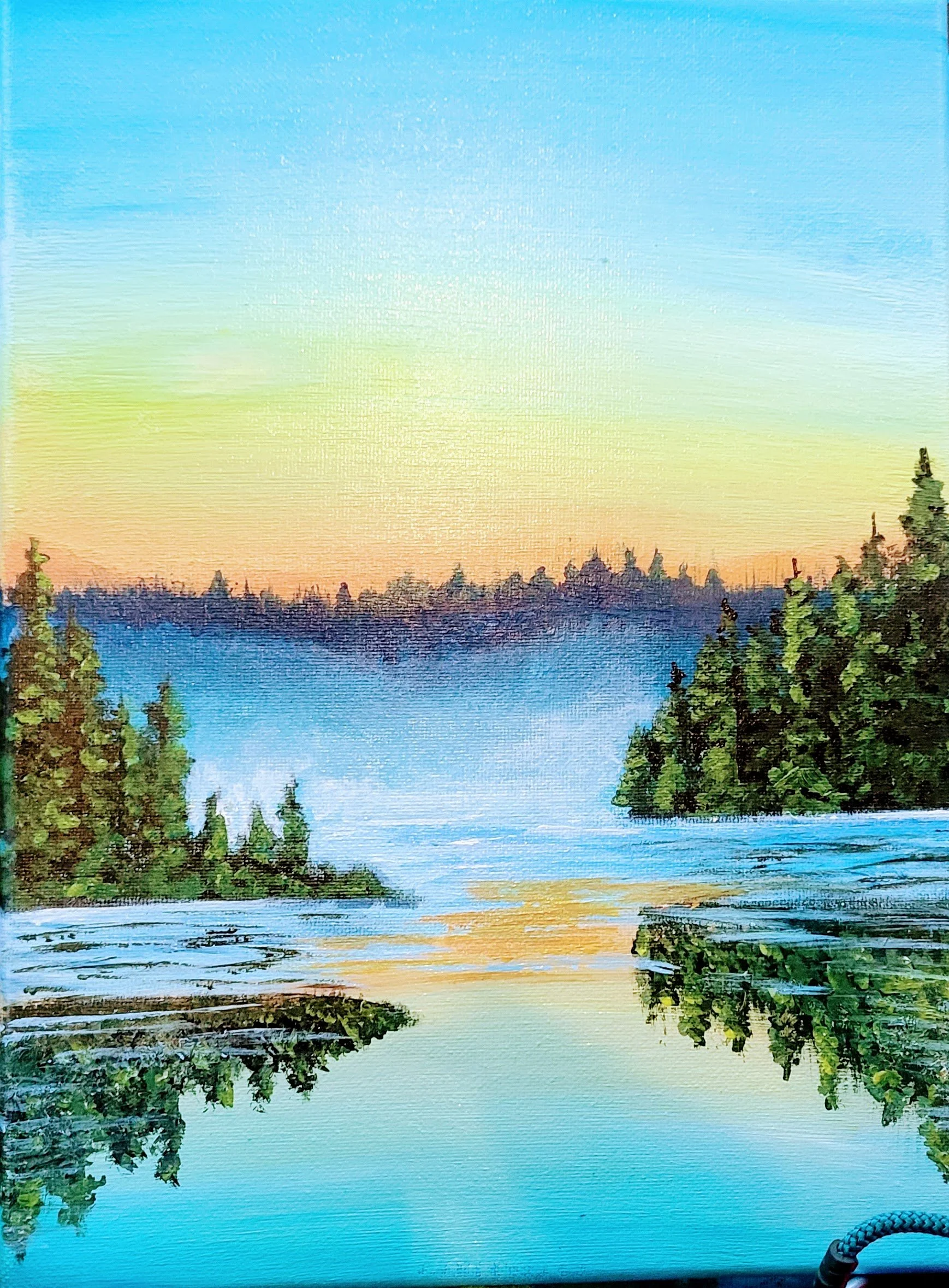 Painting of a lake scene at sunset with water, trees along the shoreline, and a partly cloudy sky with a gradient of colors from sunset.