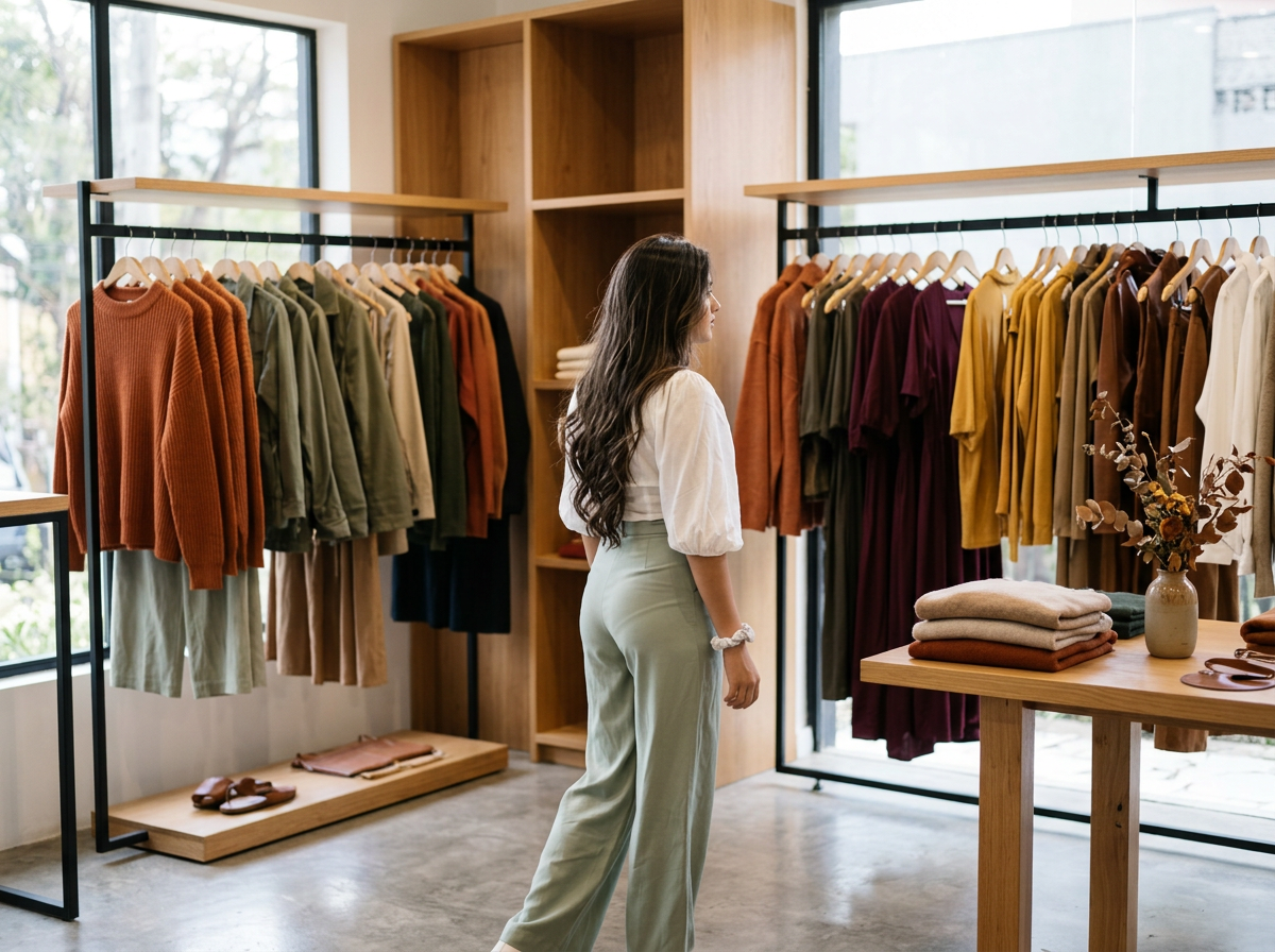 A woman shopping for clothes in a boutique store with various colorful sweaters hanging on racks.