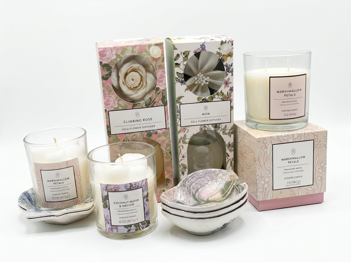 Collection of scented candles and flower diffusers in decorative packaging and bowls.