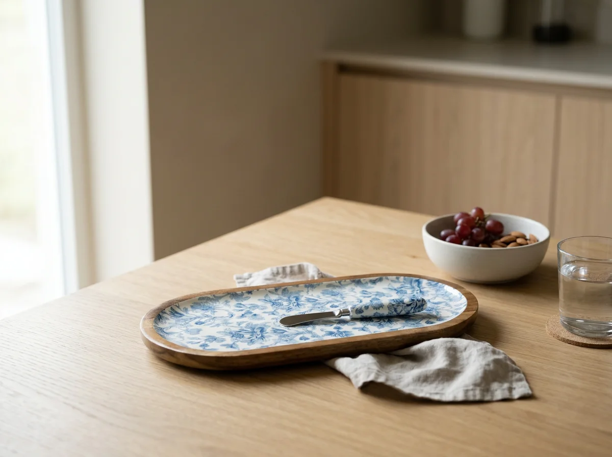 Acacia Wood Cheese Platter with Blue Floral Design