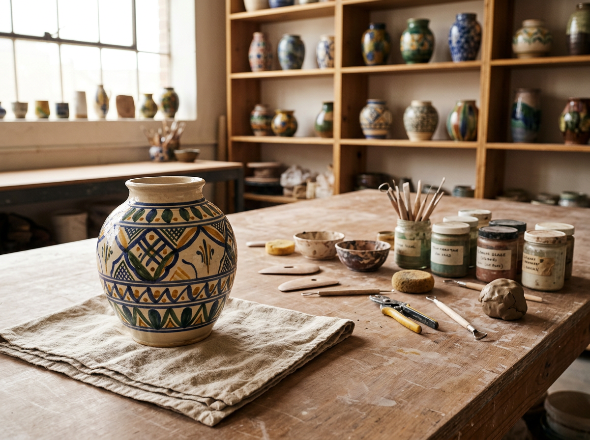 A ceramic vase with colorful geometric patterns is placed on a cloth on a wooden worktable in a pottery studio. The studio has shelves filled with similar finished vases and small pots, and pottery tools and supplies are scattered on the table.