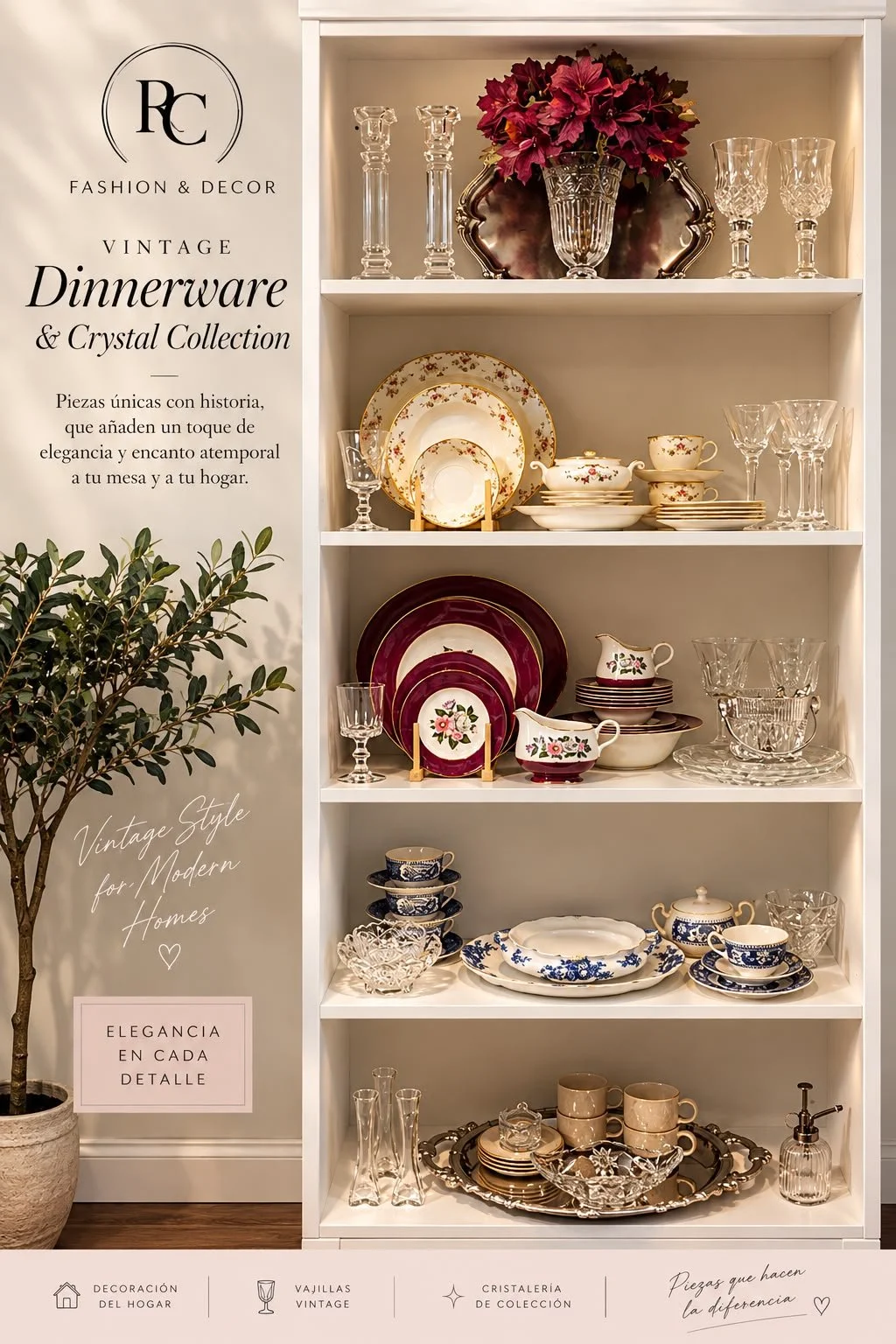 Display of vintage dinnerware and crystal collection on a white shelving unit, featuring floral patterns, gold accents, and assorted glassware, with a plant to the left and promotional text on the wall about vintage home decor.