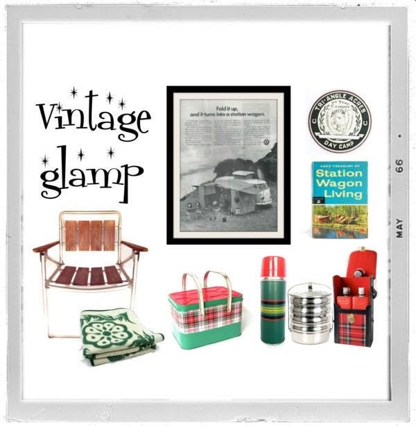 Display of vintage camping and station wagon accessories including a wooden outdoor chair, folded green and white blanket, red and green gingham picnic basket, red thermos with stripes, metal storage containers, and a red matchbox holder, with signs and posters related to station wagons and vintage camping.