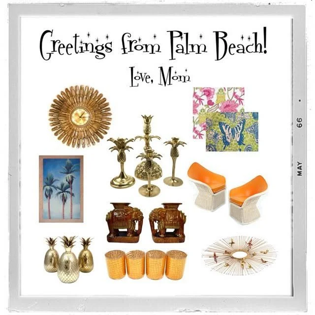 Collection of tropical-themed decorative items including a sunflower-shaped clock, palm trees print, pineapple figurines, orange and white chairs, brass candelabras, carved wooden boxes, orange textured cups, and a starburst mirror, with text 'Greetings from Palm Beach! Love, Mom' at the top.