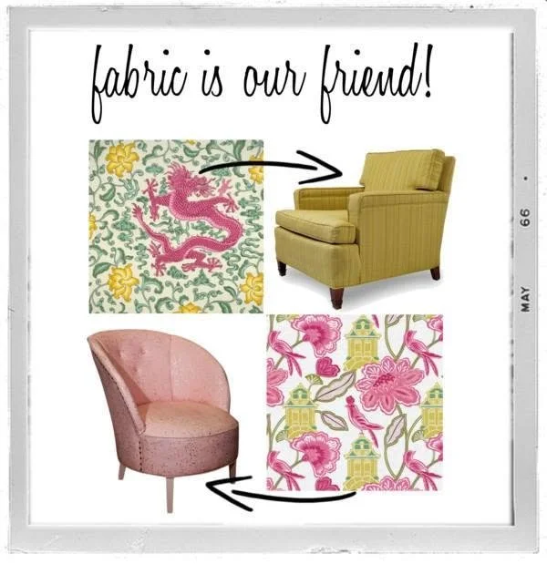 A decorative wall sign that says 'fabric is our friend!' with images of two upholstered chairs and four fabric patterns, each with arrows pointing from the fabric patterns to the chairs, illustrating fabric choice for furniture.