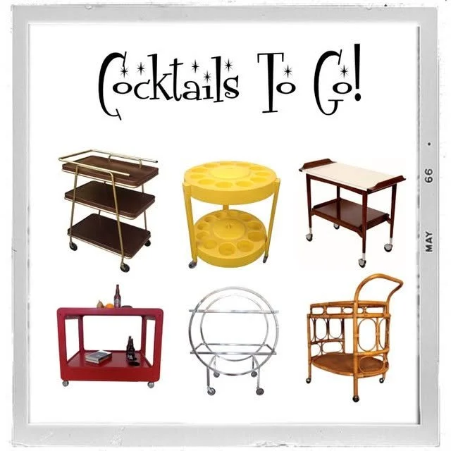 Six bar carts of various styles and colors arranged in a 2x3 grid, with a sign at the top reading "Cocktails To Go!"