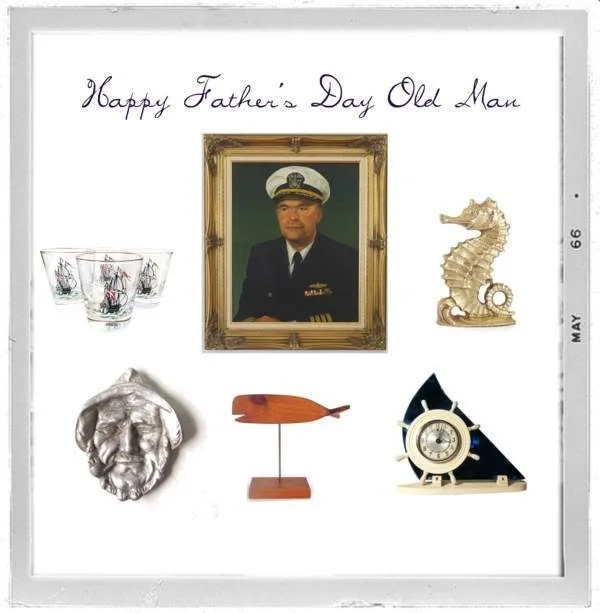 A framed portrait of a man in a military uniform among various decorative Items, with the text 'Happy Father's Day Old Man' written above.