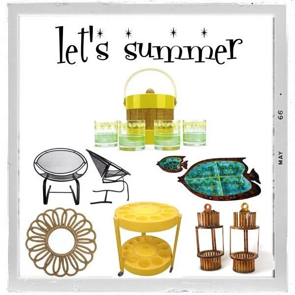 Summer-themed home decor and accessories including a yellow picnic basket, glassware, a fish-shaped tray, a black and white chair, a round wicker mirror, a yellow round side table, and two wooden candle holders.