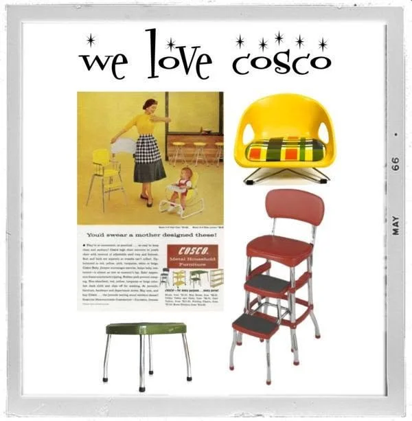 A display board with the phrase 'we love cosco' at the top, featuring images of various chairs, including a yellow modern chair, a red stackable chair, and a green stool, along with an advertisement and a woman with a child in the background.